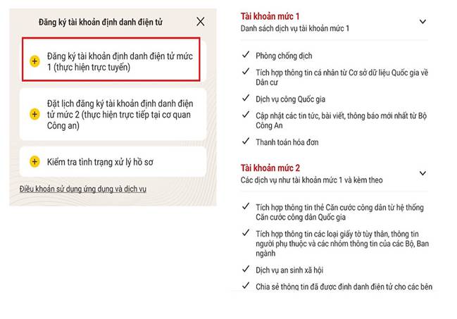 Đăng ký tài khoản định danh điện tử mức 1